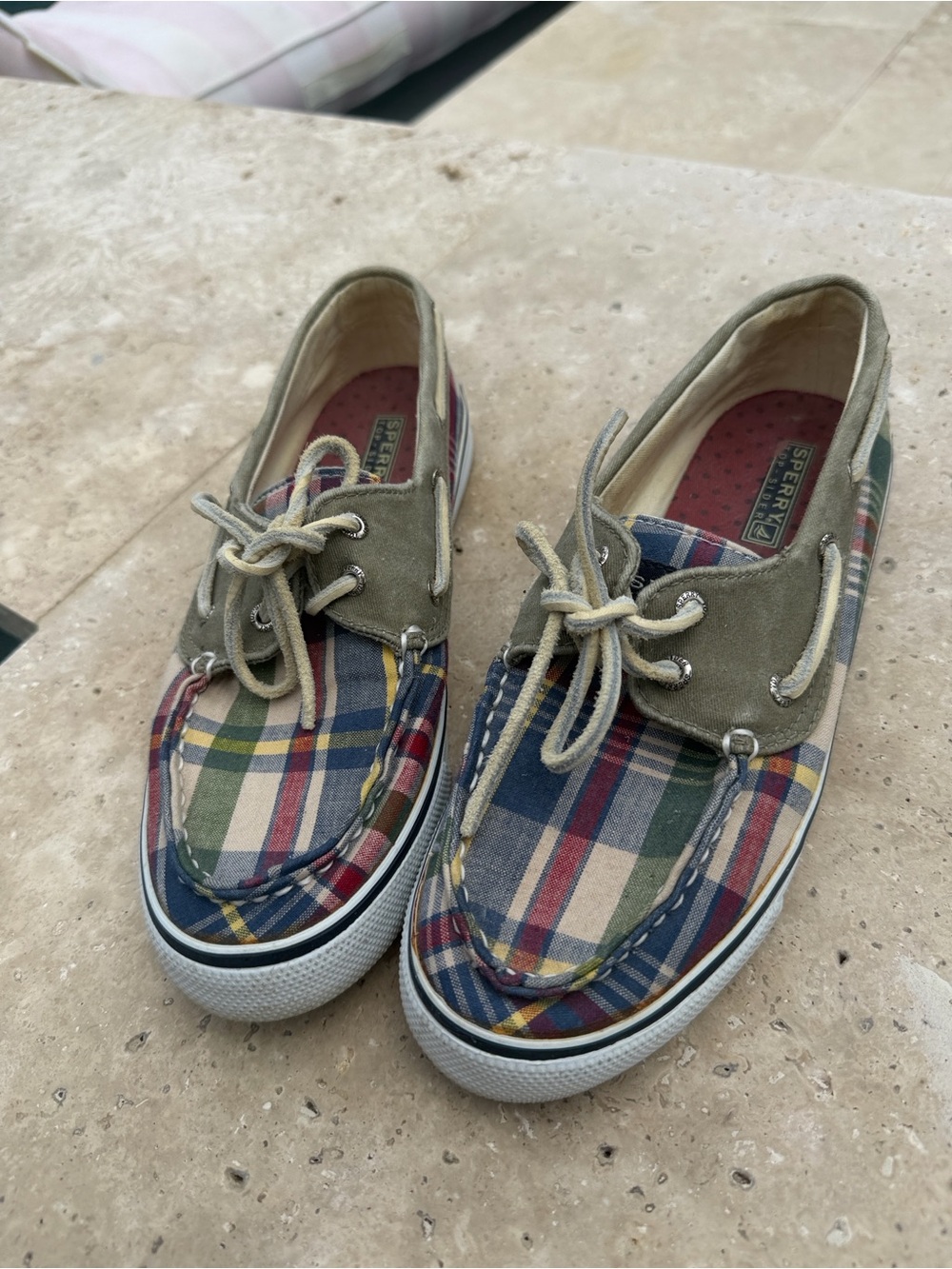Sperry Madras Plaid Canvas and Olive Suede Boat Shoes